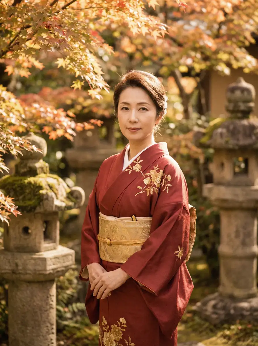 一位身穿暗红色和服的优雅 海角51暗网 - 入口合集导航，发现更多相关内容 在日式庭院中